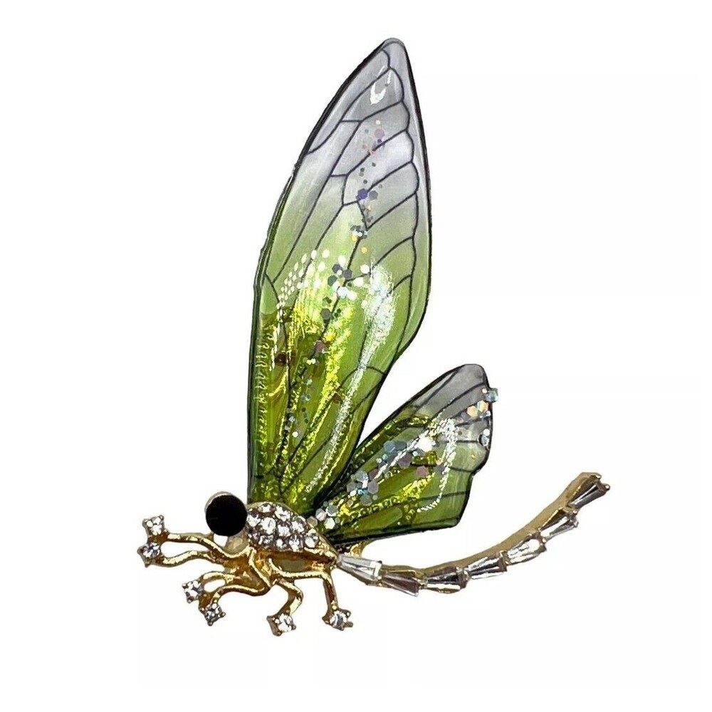 Dragonfly Brooch Pin Clear Rhinestone Green Acrylic Wings Costume Jewelry Nature - Picture 3 of 8